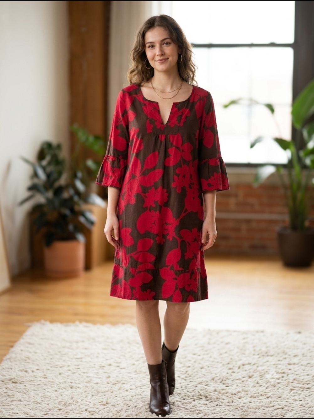 Gap Brown Red Floral Bell Sleeve Shift Dress 90s Y2K Rayon Tunic Small